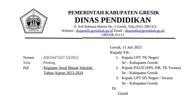 Surat Edaran Awal Masuk Sekolah 2023 - 2024
