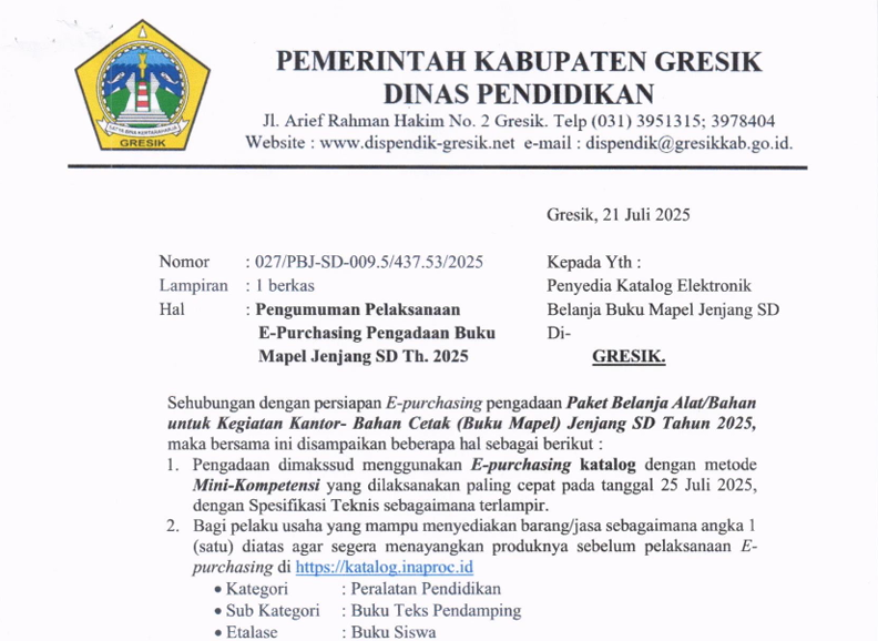 Pengumuman Pelaksanaan E-Purchasing Pengadaan Buku Mapel Jenjang SD Tahun 2025