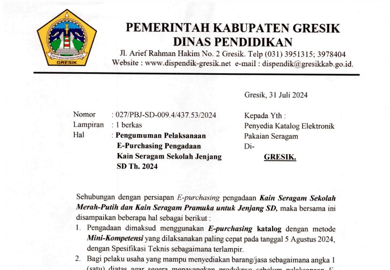 Pengumuman Pelaksanaan E-Purchasing Pengadaan Kain Seragam Sekolah Jenjang SD Tahun 2024