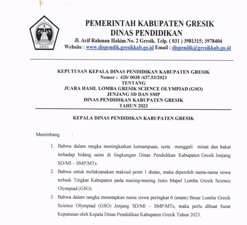 PENGUMUMAN JUARA HASIL LOMBA GRESIK SCIENCE OLYMPIAD (GSO) JENJANG SD DAN SMP TAHUN 2023