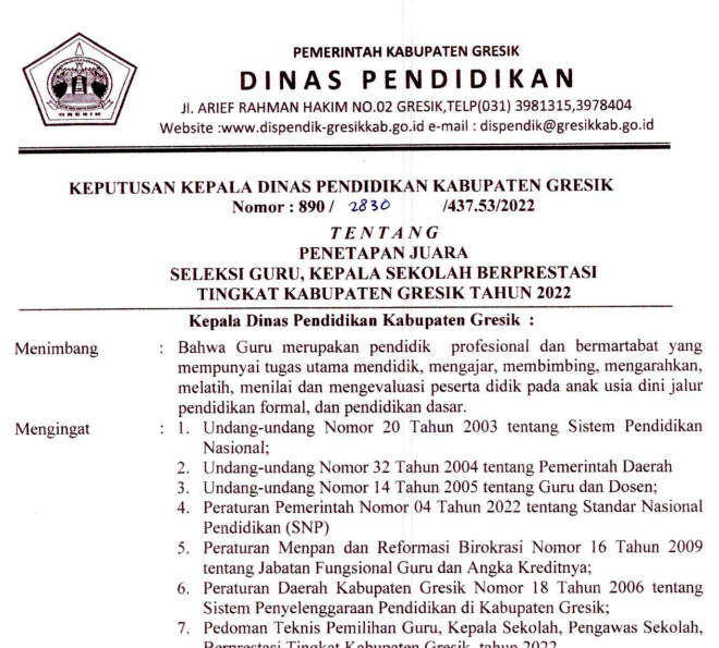 Pengumuman Juara Kepala Sekolah dan Guru Berprestasi Tingkat Kabupaten Gresik Tahun 2022