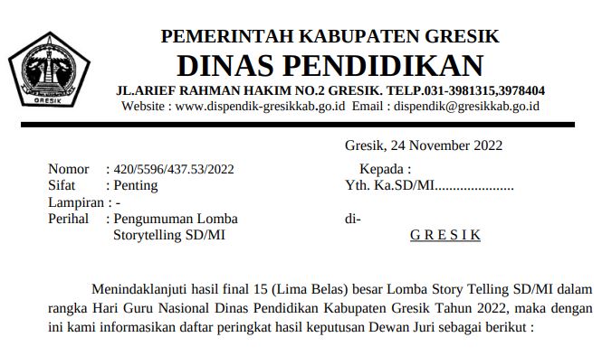 PENGUMUMAN HASIL PENILAIAN LOMBA  LOMBA STORYTELLING SD/MI