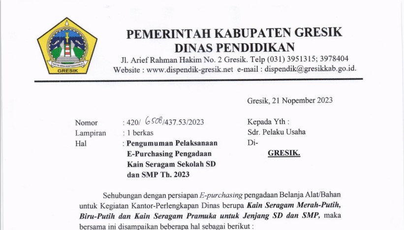 Pengumuman Pelaksanaan E-Purchasing Pengadaan Kain Seragam Sekolah SD dan SMP Th. 2023