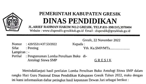 Pengumuman Hasil Penilaian Lomba Penulisan Buku Antologi Siswa SMP 2022