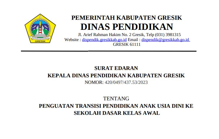 Surat Edaran Tentang Penguatan Transisi Pendidikan Anak Usia Dini Ke Sekolah Dasar Kelas Awal
