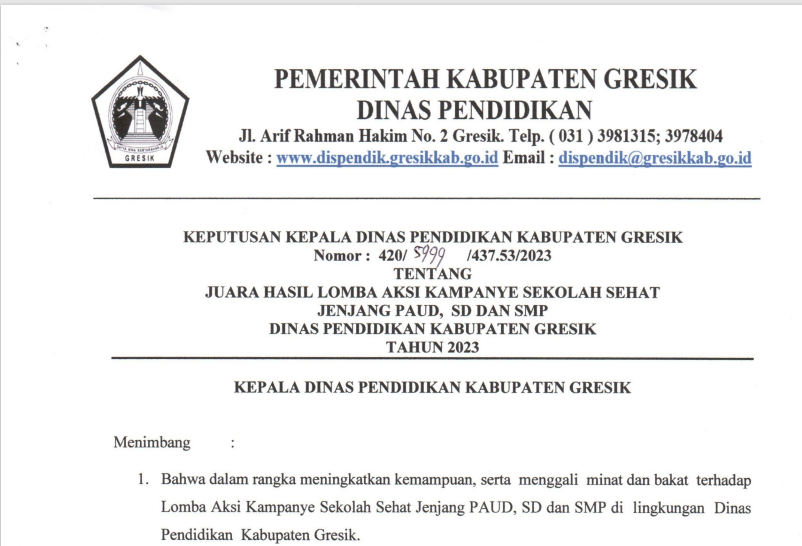 Pengumuman Pemenang Lomba Gala Kreasi Video Kampanye Sekolah Sehat Kab. Gresik Tahun 2023