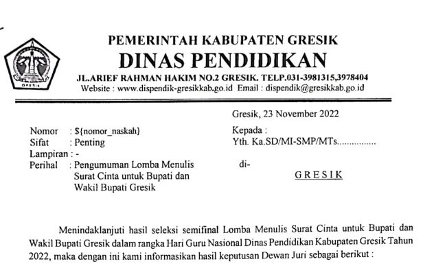 Hasil Seleksi Semifinal Lomba Menulis Surat Cinta untuk Bupati dan Wakil Bupati Gresik 2022