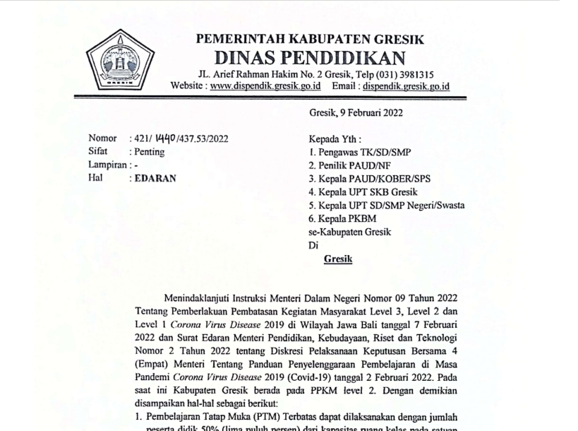 Gresik Mulai Terapkan PJJ Lagi